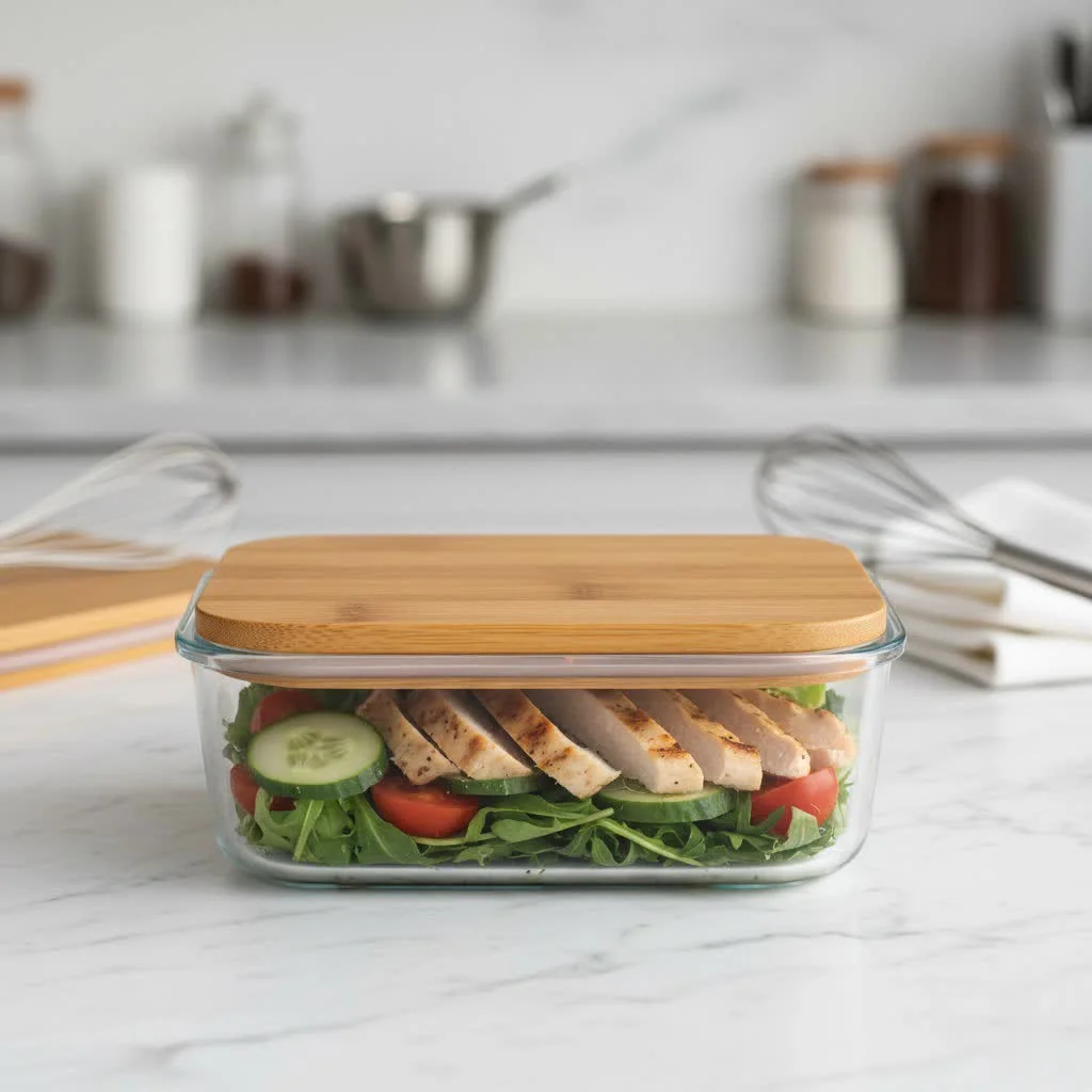 Organized food storage containers in a kitchen cabinet